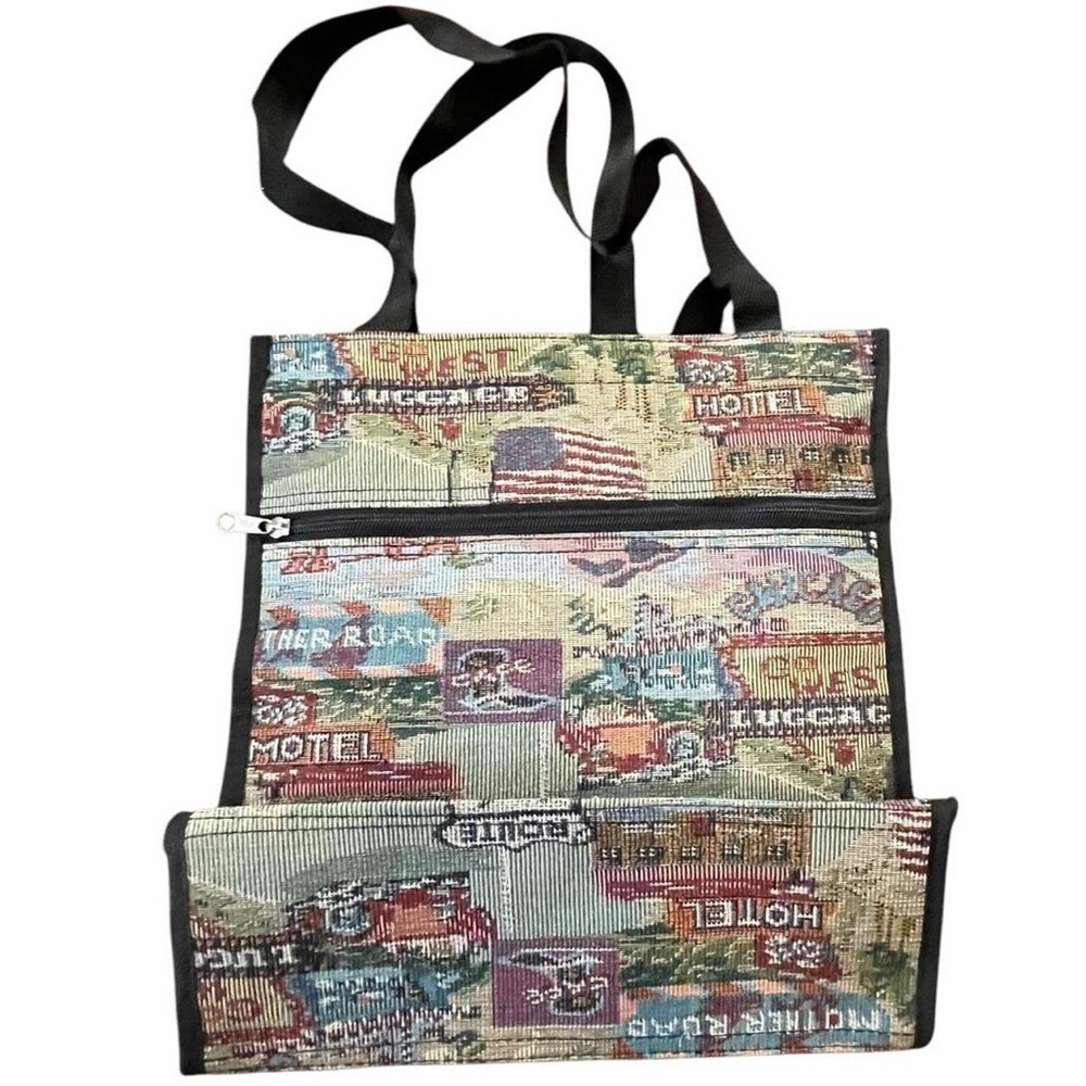 A39-Multi-coloured tapestry tote bag with zipper closure, Route 66 design